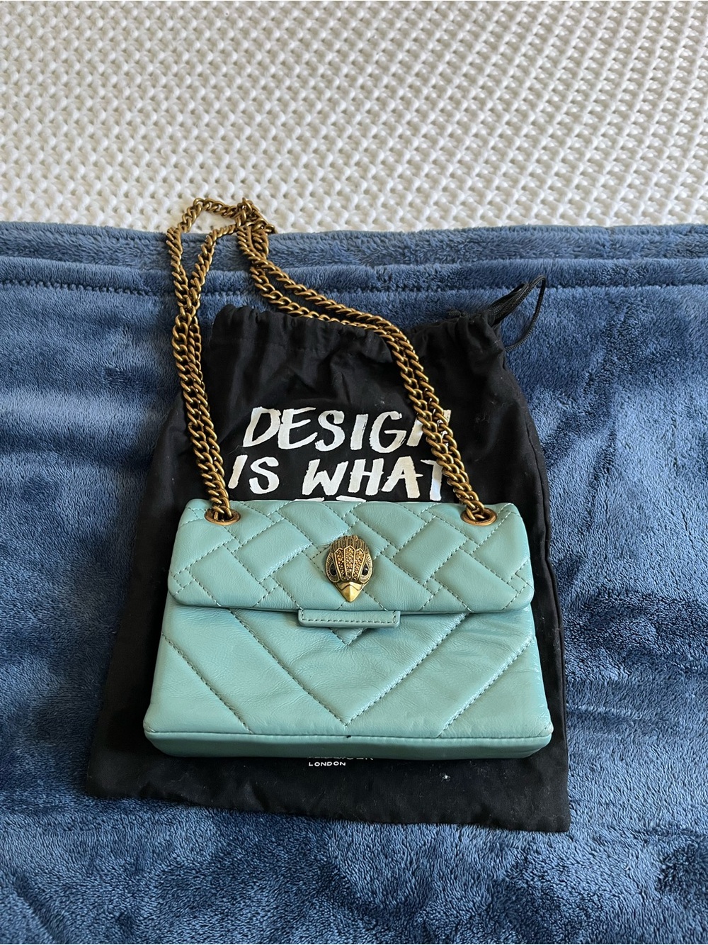 Kurt Geiger Quilted Leather Shoulder Bag in Seafoam Green with Gold Chain